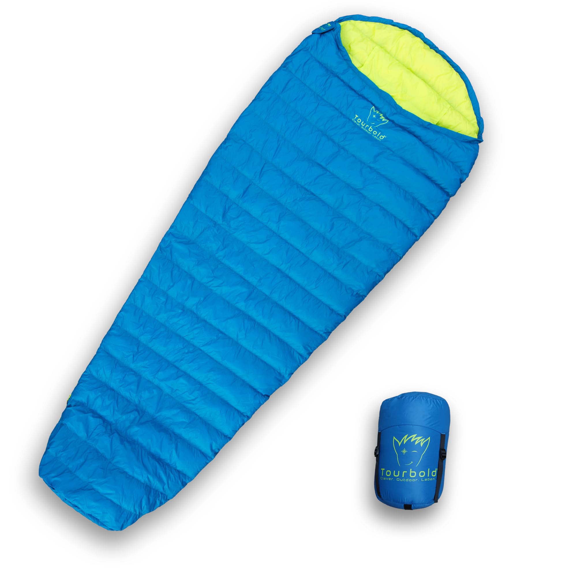 TOURBOLD® TOURBEUTEL – Ultraleichter Daunenschlafsack 550 g Koppelbar | Glow-Zipper Sommer Mumienschlafsack PFC-frei Wandern Camping Bikepacking