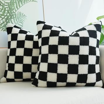 JOJUSIS Decorative Throw Pillow Covers Luxury Style Checkerboard Pattern Cushion Case Super Soft Faux Fur Wool Pillowcases for Couch Bedroom Pack of 2 Black, 18 x 18-Inch