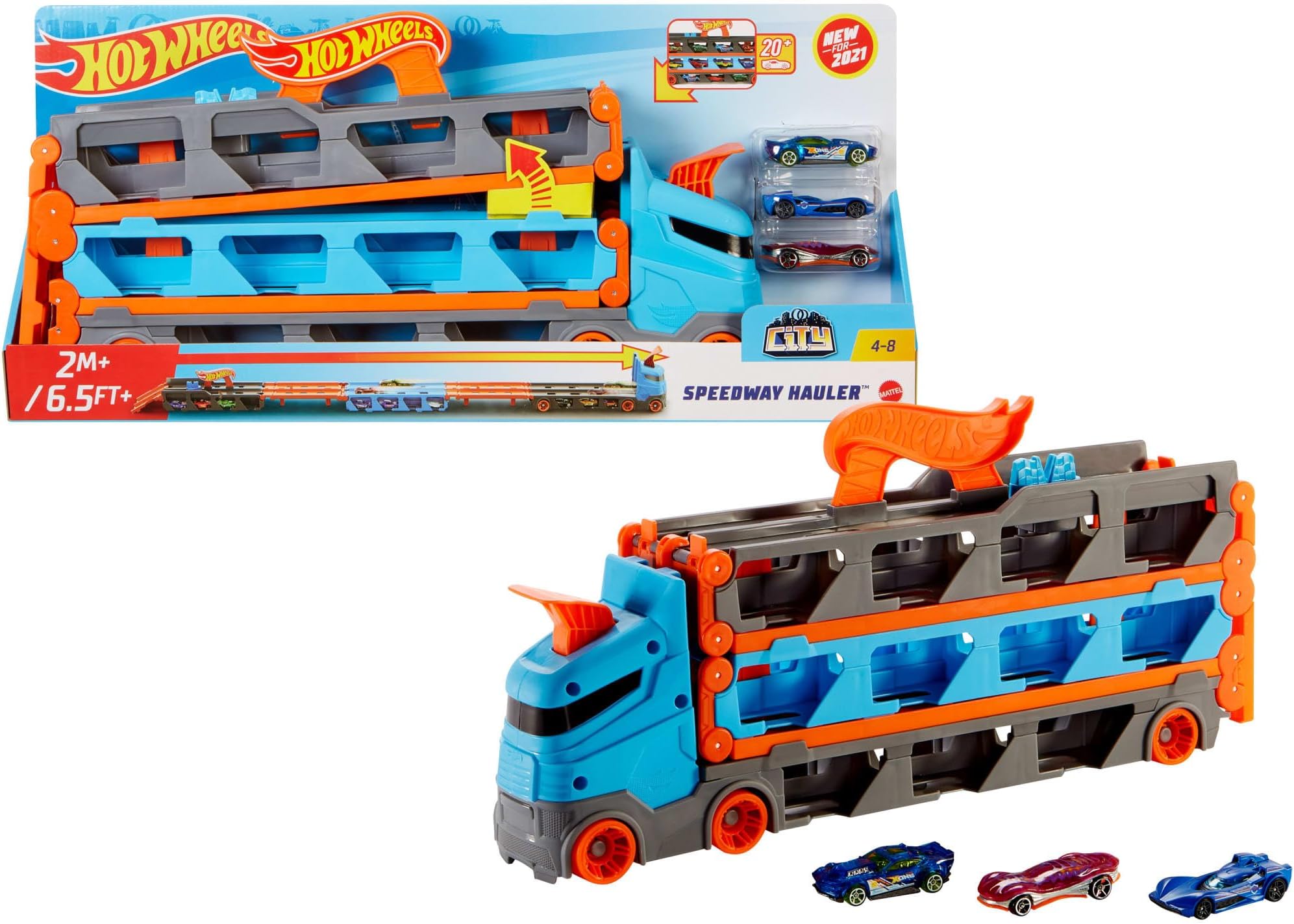 Hot Wheels Speedway Hauler Storage Carrier with 3 1:64 Scale Cars & Convertible 6-Foot Drag Race Track for Kids 4 to 8 Years Old, Stores 20+ Cars & Connects to Other Hot Wheels City Sets, GVG37