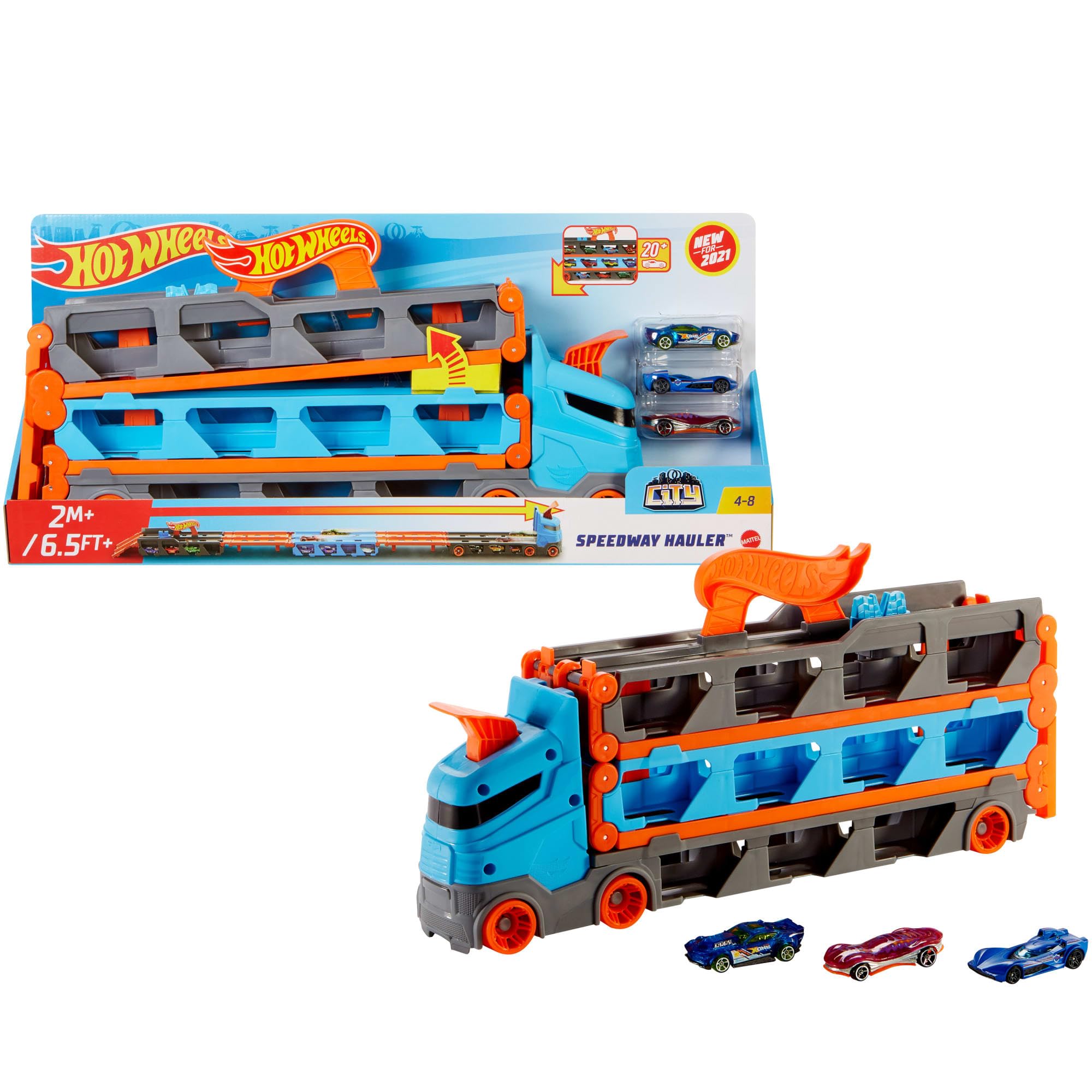 Hot WheelsSpeedway Hauler Storage Carrier with 3 1:64 Scale Cars & Convertible 6-Foot Drag Race Track for Kids 4 to 8 years Old, Stores 20+ Cars & Connects to Other Hot Wheels City Sets, GVG37