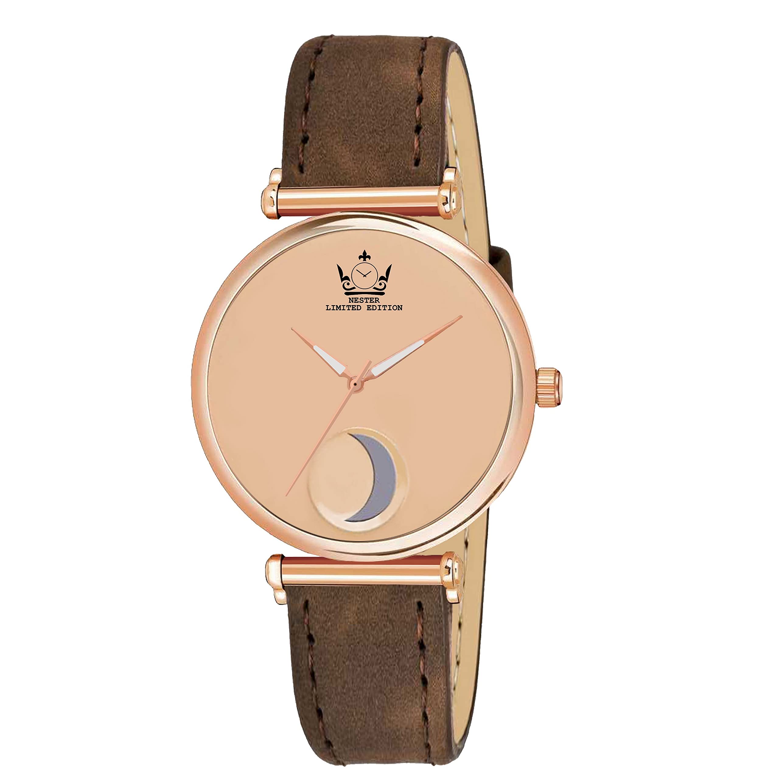 Nester Leather Strap Moon Designed Girls and Women Analog Watch (R G-Brownblet)