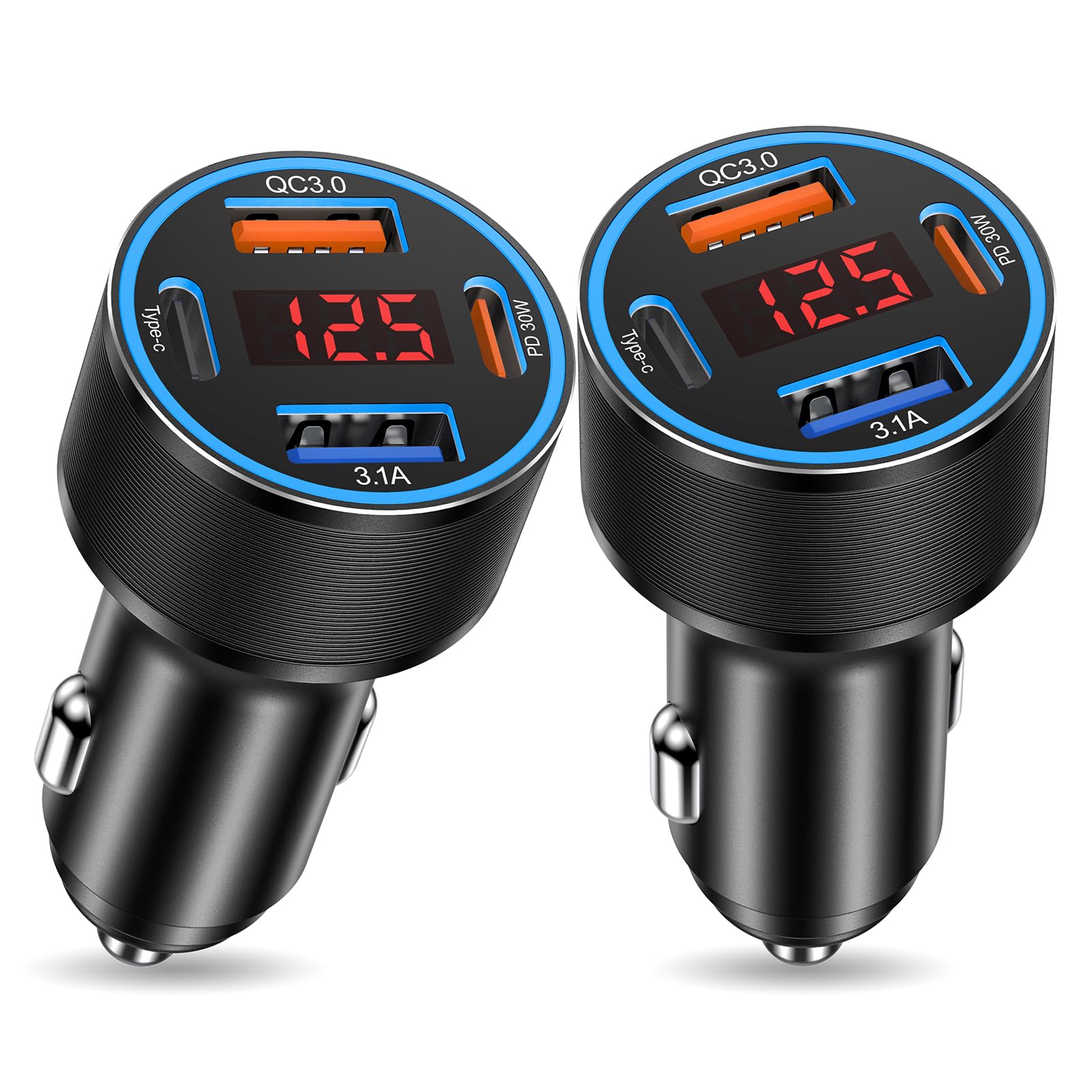 USB C Car Charger, 2Pack 65W 4 Port Car Phone Charger Adapter Fast Charging with Voltmeter,Dual USB-C & USBA Cargador Carro Cigarette Lighter Adapter for iPhone 16/15 Pro Max,iPad,Samsung,Tablet