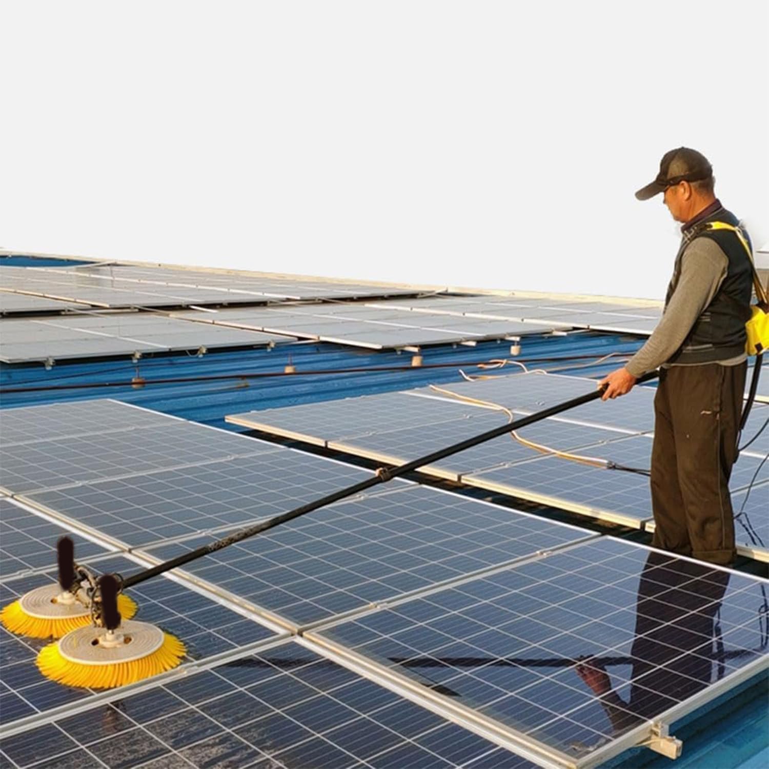 7.5M Solar Panel Reinigung Teleskopstange, 70cm doppelt rotierendem Bürstenkopf Elektrische Photovoltaik Panel Reiniger mit 17 m Kabel/29 m Wasserleitung, Fenster Reinigungswerkzeuge