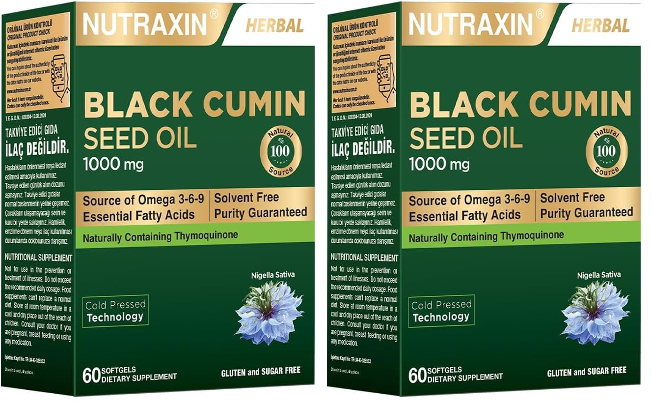 Nutraxin Black Cumin Seed Oil – Soğuk Sıkım Çörek Otu Yağı, 1000 mg, 60 Yumuşak Kapsül – Helal Sertifikalı Takviye Edici Gıda (2 paketi)