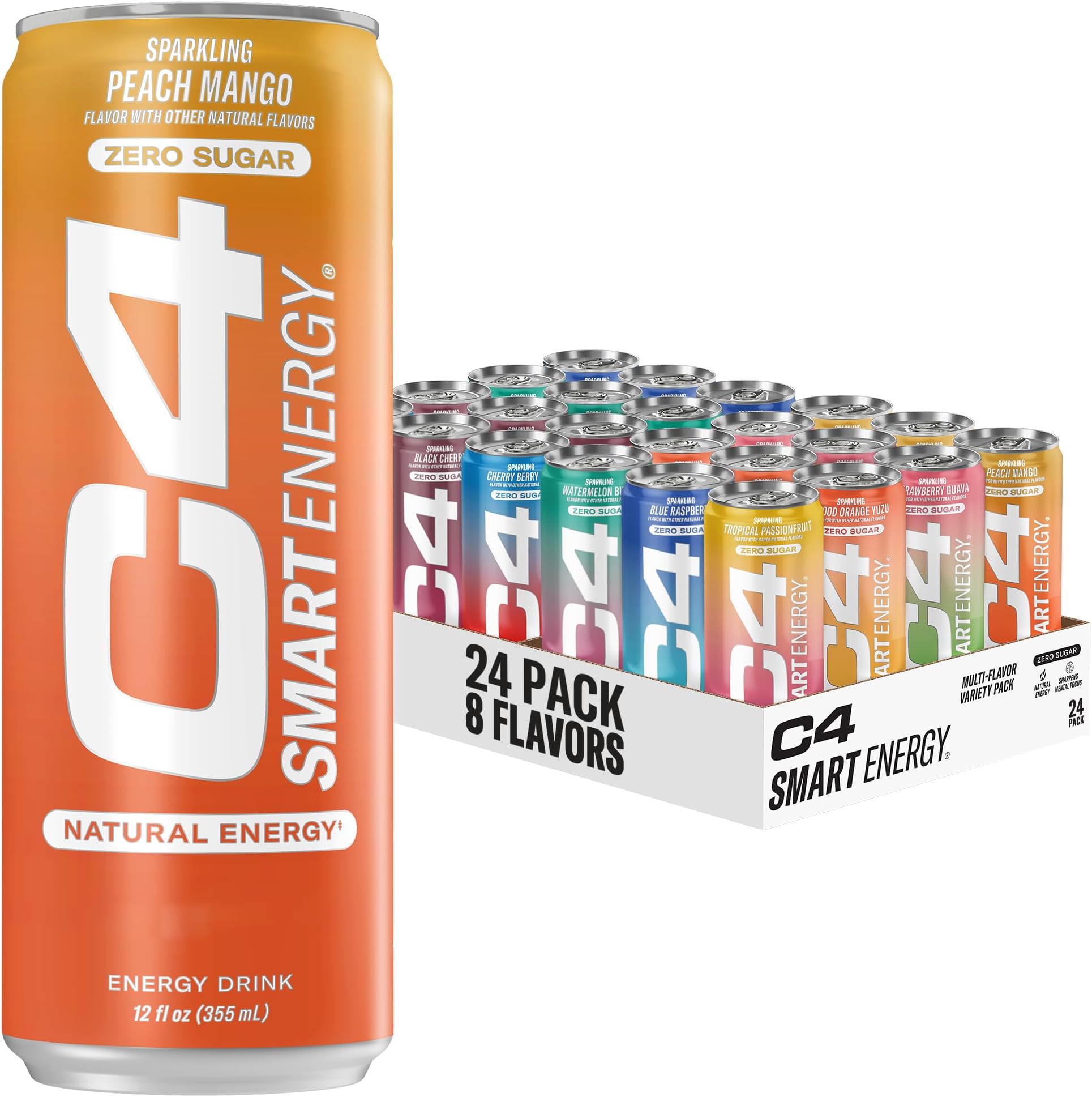 C4 Smart Energy Drinks Variety Pack Bundle (24 Pack) | 4 Flavor Tropical Oasis Variety 12 Pack + 4 Flavor Berry Breeze Variety 12 Pack