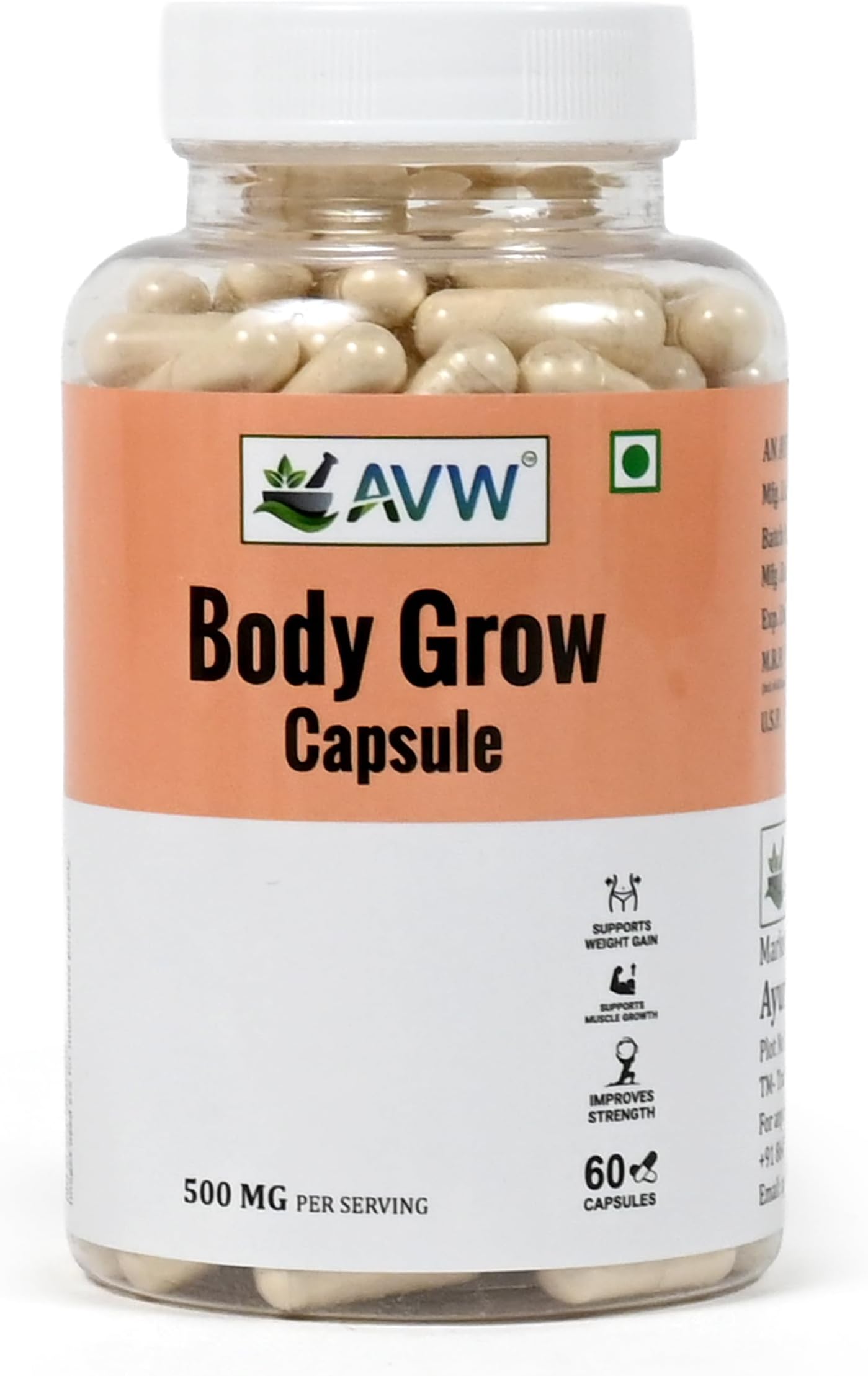 AVW Body Grow Capsules 500mg, 60 Capsules | New & Improved Formula | Ayurvedic Weight Gainer for Digestion & Muscle Mass | 100% Natural for Men & Women | Increases Strength & Appetite Naturally