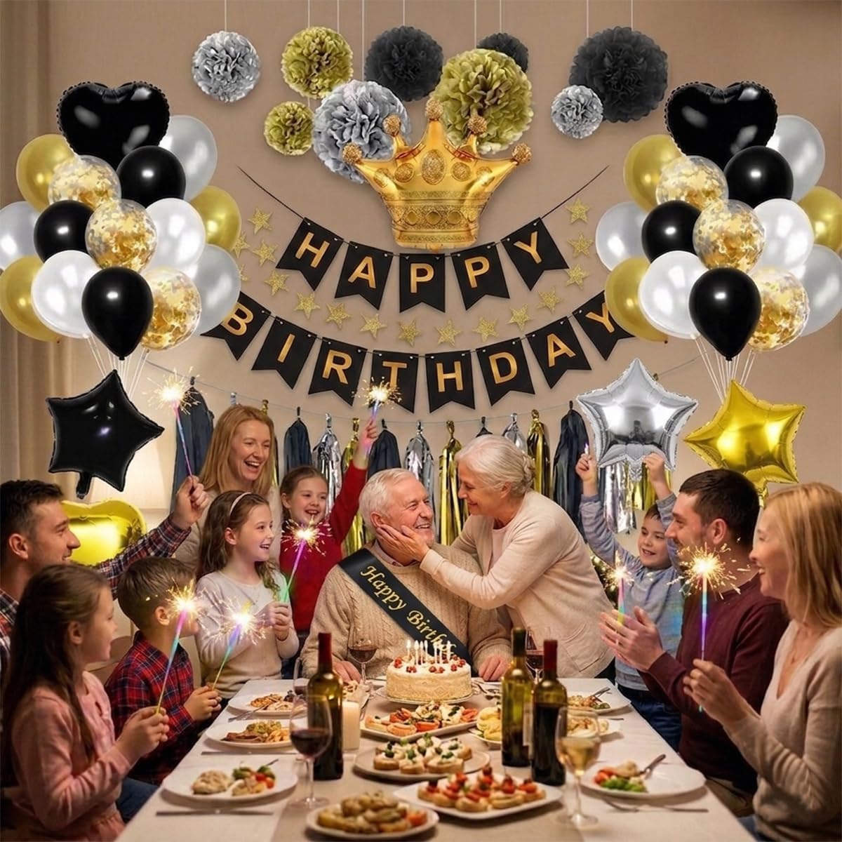 Black and Gold Birthday Decorations for Men Women - Happy Birthday Banner, Gold Crown & Star Foil Balloons, Paper Pom Poms, Tassels Garland, Birthday Sash for Birthday Party Supplies image 2