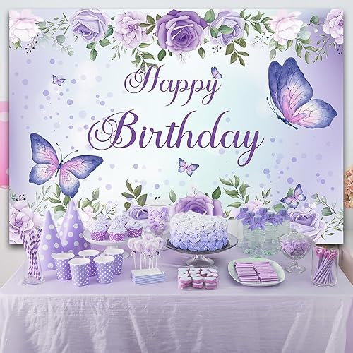 Miniatura 6 de Telón de fondo de mariposa de 5 x 3 pies con diseño de mariposa morada, decoración de rosas y flores, para fiesta de cumpleaños de niñas, telón de