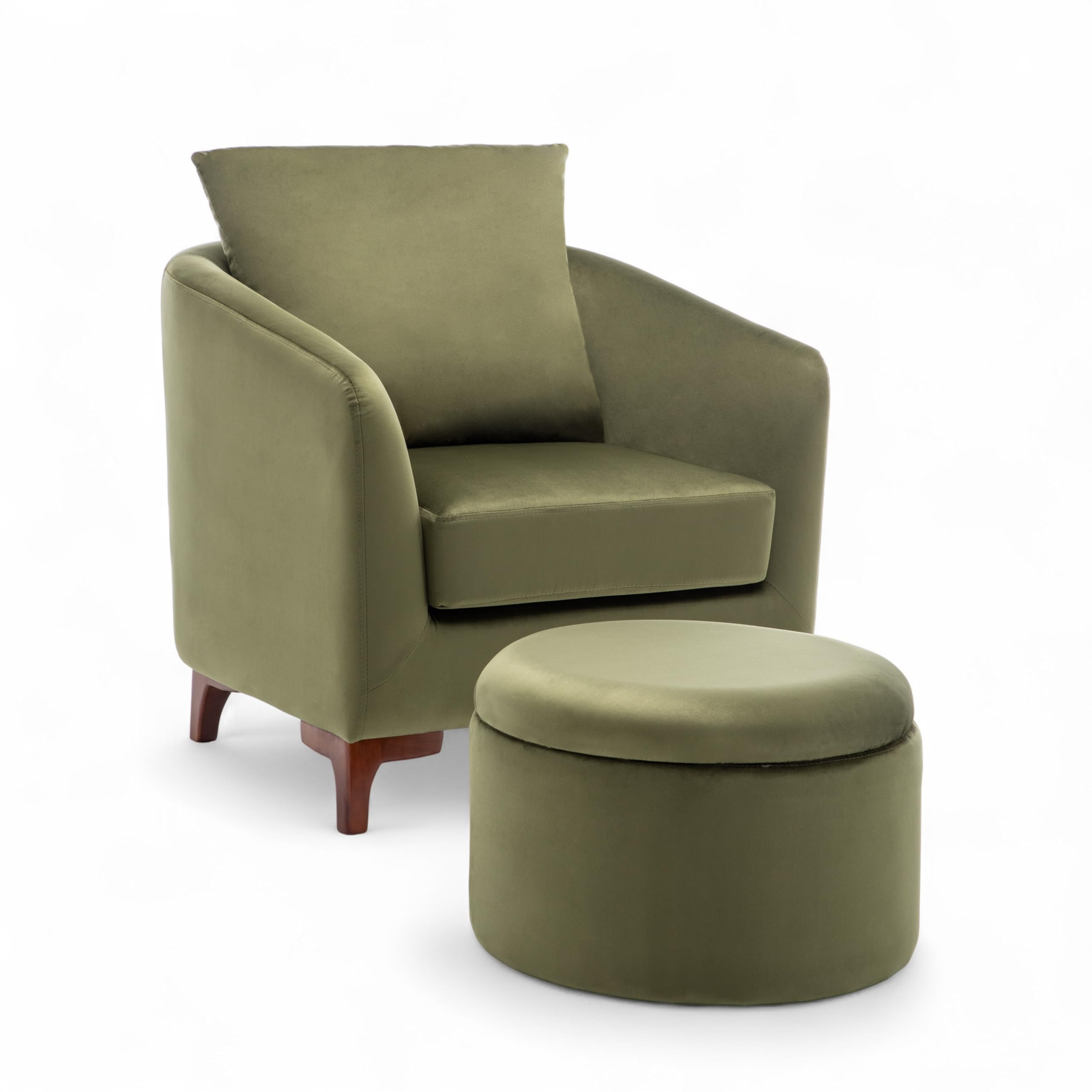 Sage Green Velvet Tub Chair with Footstool and Cushion - Comfy Armchair with Wooden Legs for Reading, Relaxing and Guests, Small Bucket Chair for Living Room, Waiting Room and Corner Nook - ANGELA