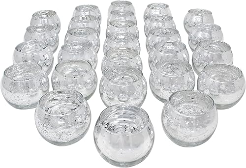 Just Artifacts Portavelas votivas redondas de vidrio de mercurio moteado de 2 pulgadas (36 unidades, plateado)