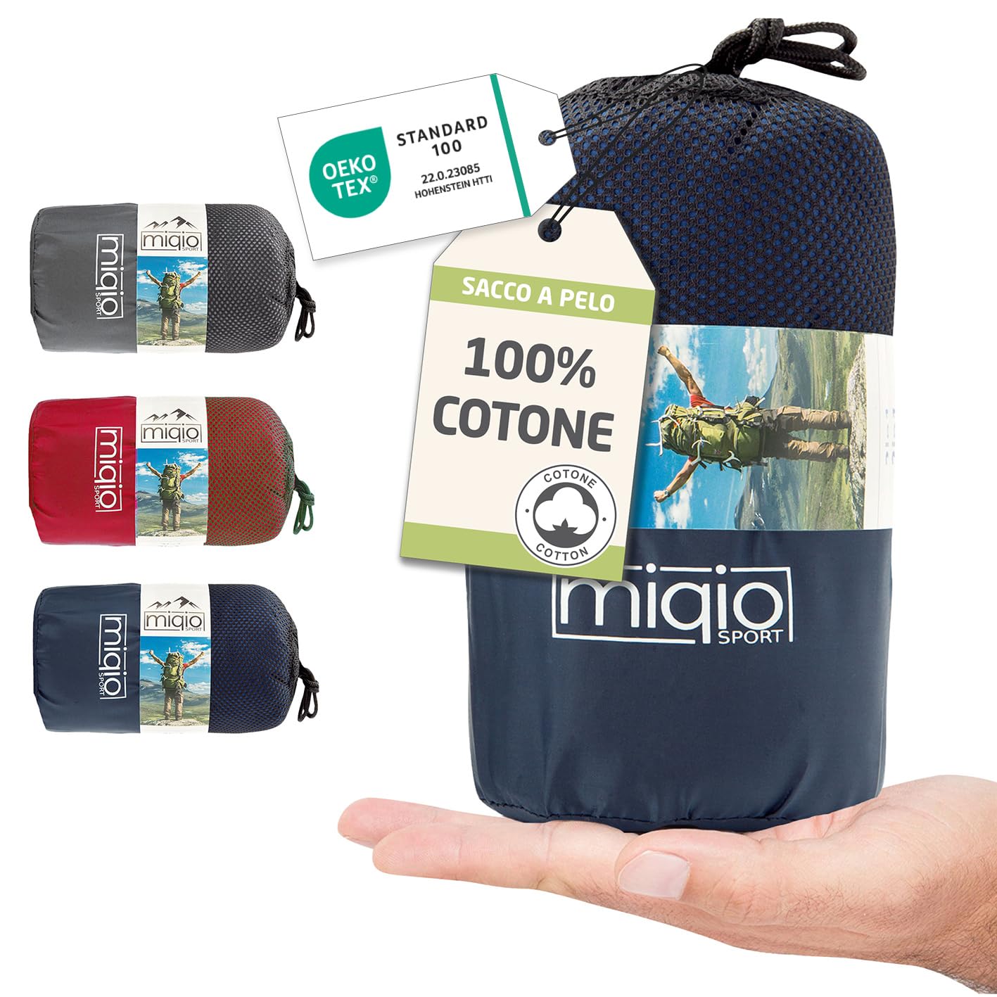 Miqio sacco a pelo in Cotone, lenzuolo da viaggio 2 in 1, XL, con cerniera intera (accoppiabile), sacco a pelo da viaggio ultra piccolo e ultra leggero - ideale per backpacking e cabine