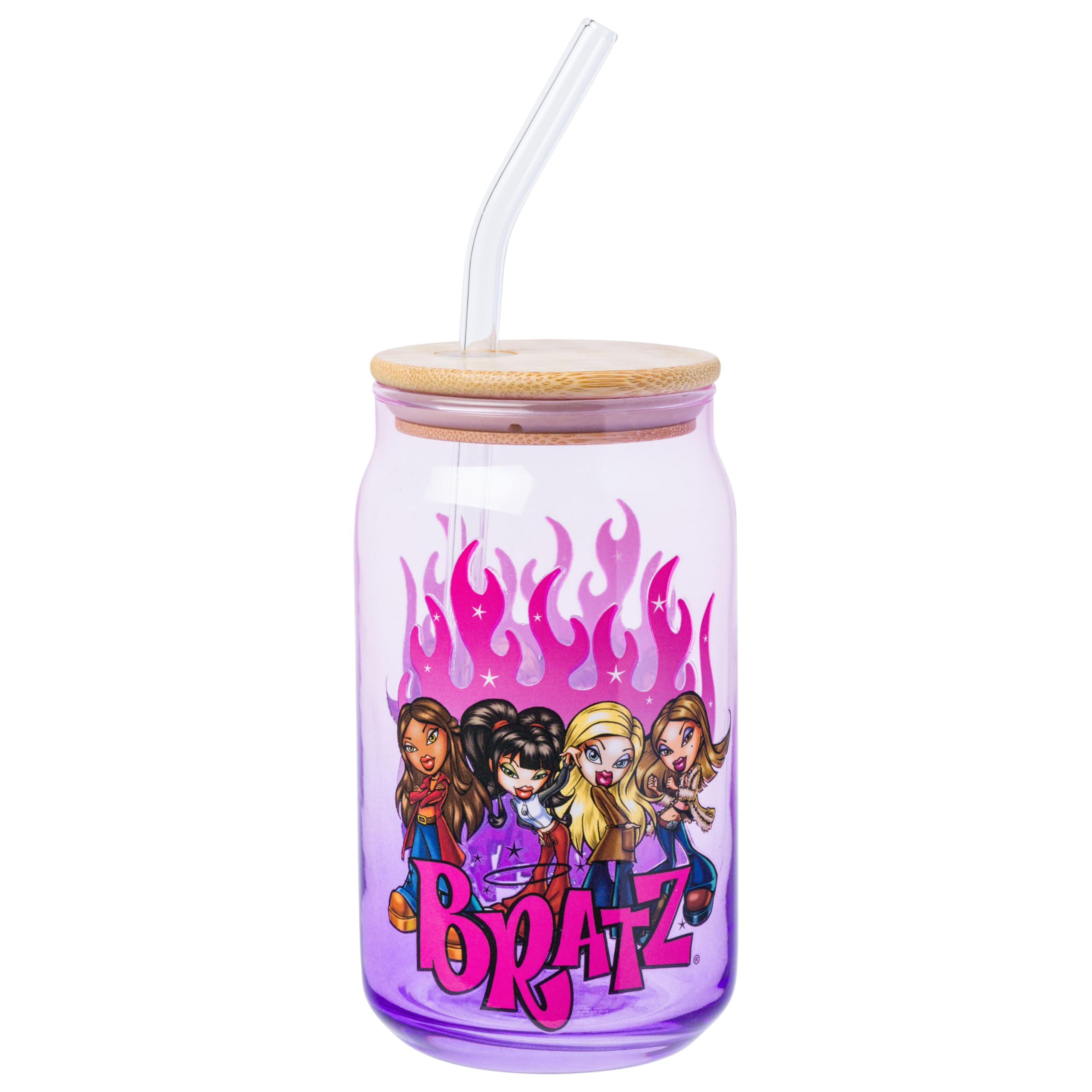 Silver Buffalo Green, Multi Color Bratz Group Shot Flames Ombre 16 Oz Glass Tumbler With Bamboo Lid And Glass Straw