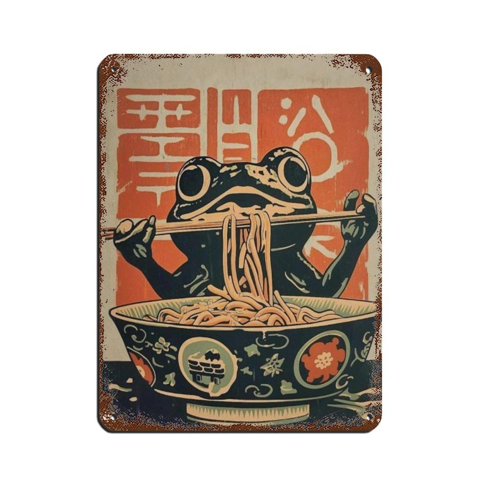 Quirky Ramen Frog Poster Retro Poster Metal Tin Sign Chic Art Retro Iron Painting Bar People Cave Cafe Family Garage Poster Wall Decoration 12x16inch(30x40cm)
