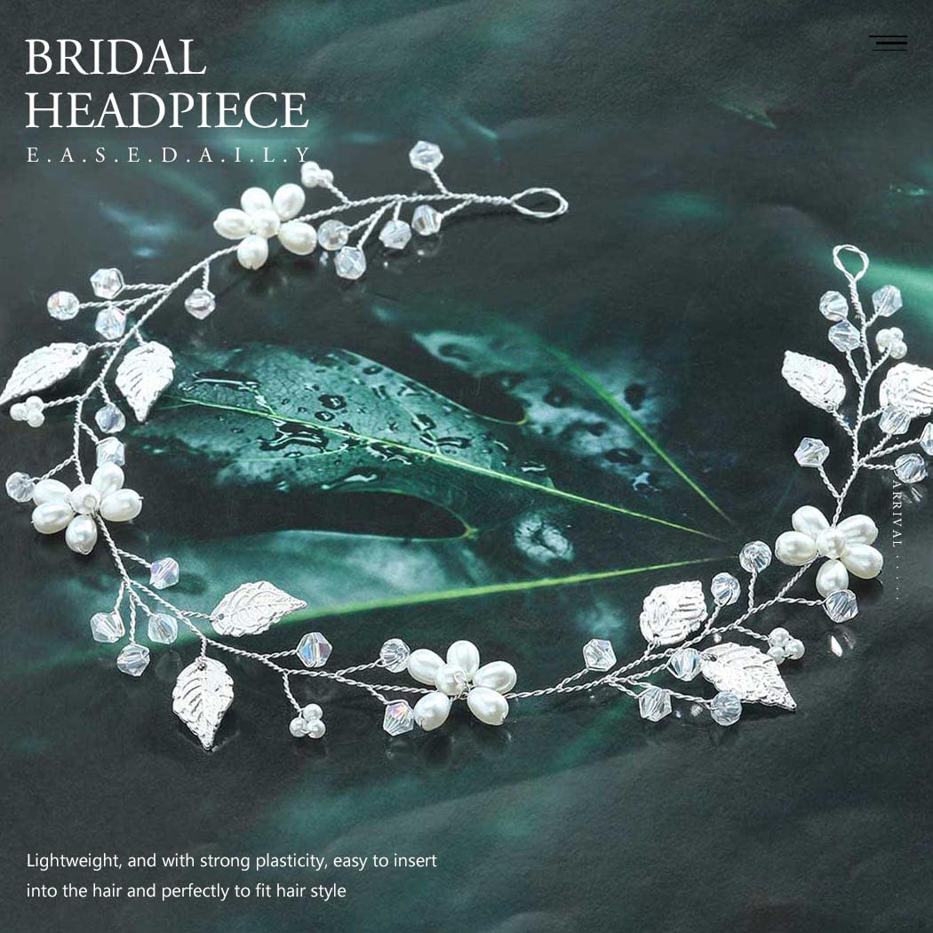 EASEDAILY Bride Wedding Hair Vine Silver Leaf Headband Pearl Headpieces Rhinestone Hair Piece Bridal Hair Accessories for Women and Girls - Image 2