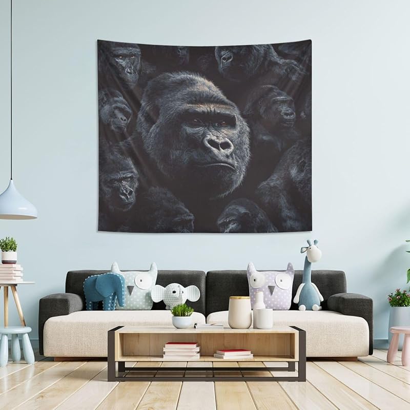 Pigsaly Tapiz para colgar en la pared, 60 x 51 pulgadas, color gris frío, negro, cabeza de gorila, tapices para dormitorio, sala de estar, decoración de niños y niñas, manta de pared, mantel, decoración del hogar, regalos