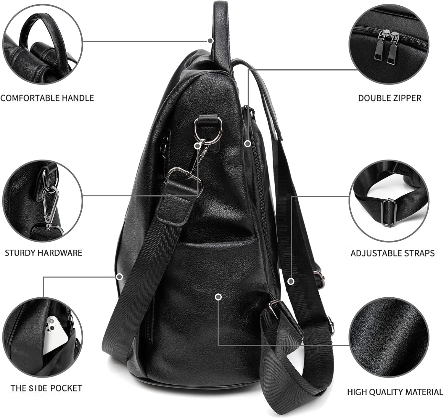 PINCNEL Women Backpack Purse Waterproof Nylon Anti-theft Rucksack Lightweight Shoulder Bag, Medium, Black - Image 4