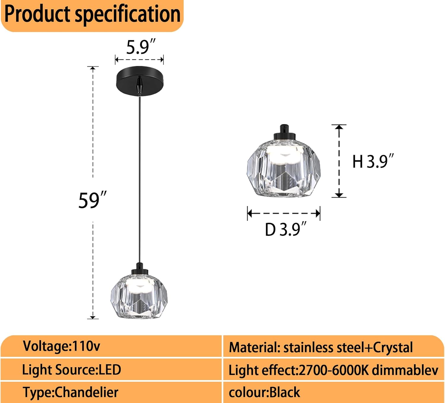 Black LED Crystal Ball Pendant Light Kitchen Island, Crystal Chandeleir Bedroom Bedside Hanging Crystals Ceiling Light