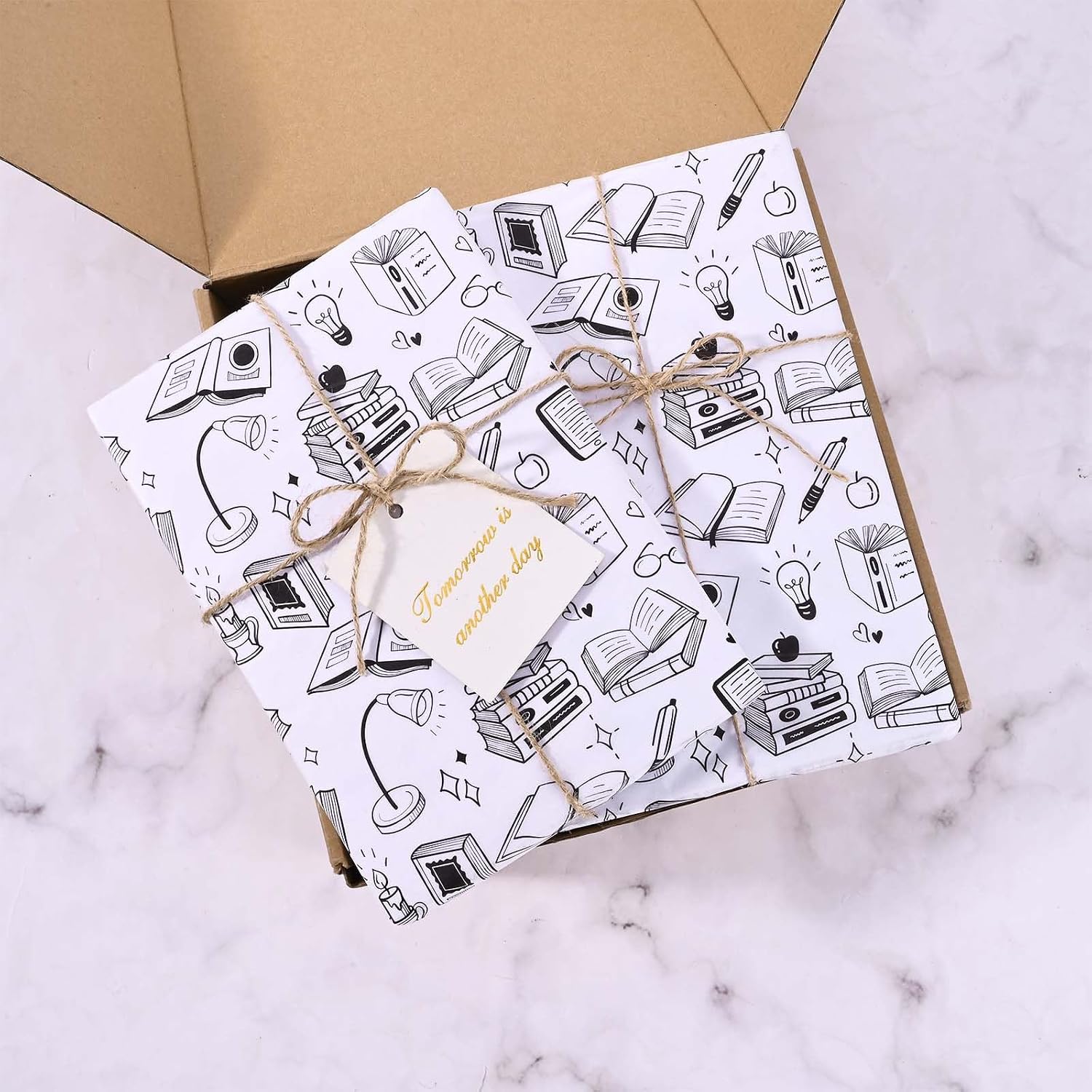 100 Sheets Books Tissue Paper for Gift Bags Vintage Bookshelf Coffee Plants Pens Printed Tissue Paper for Book Lover Back to School Party DIY Craft Supplies, 20 ×14 Inches