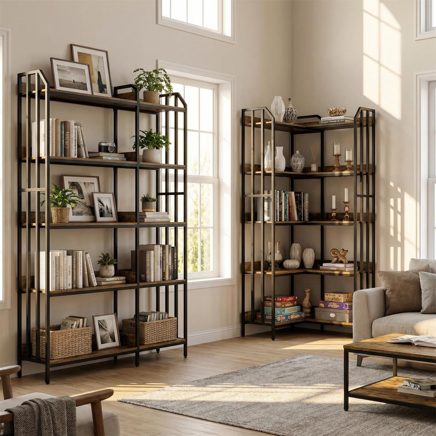 RECCI Reversible Bookshelf, 5-Tier 70" Corner or Straight Bookcase, Industrial Wood and Metal Storage Shelf for Living Room, Home Office, Rustic Brown