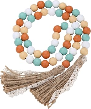 Fall Decorations Harvest Wood Bead Garland with Tassel, Home Farmhouse Tiered Tray Decor with Jute Rope Plaid Tassel Rustic Fall Decor for Mantle Porch Door Shelf Orange White Rae Dunn Autumn Beads
