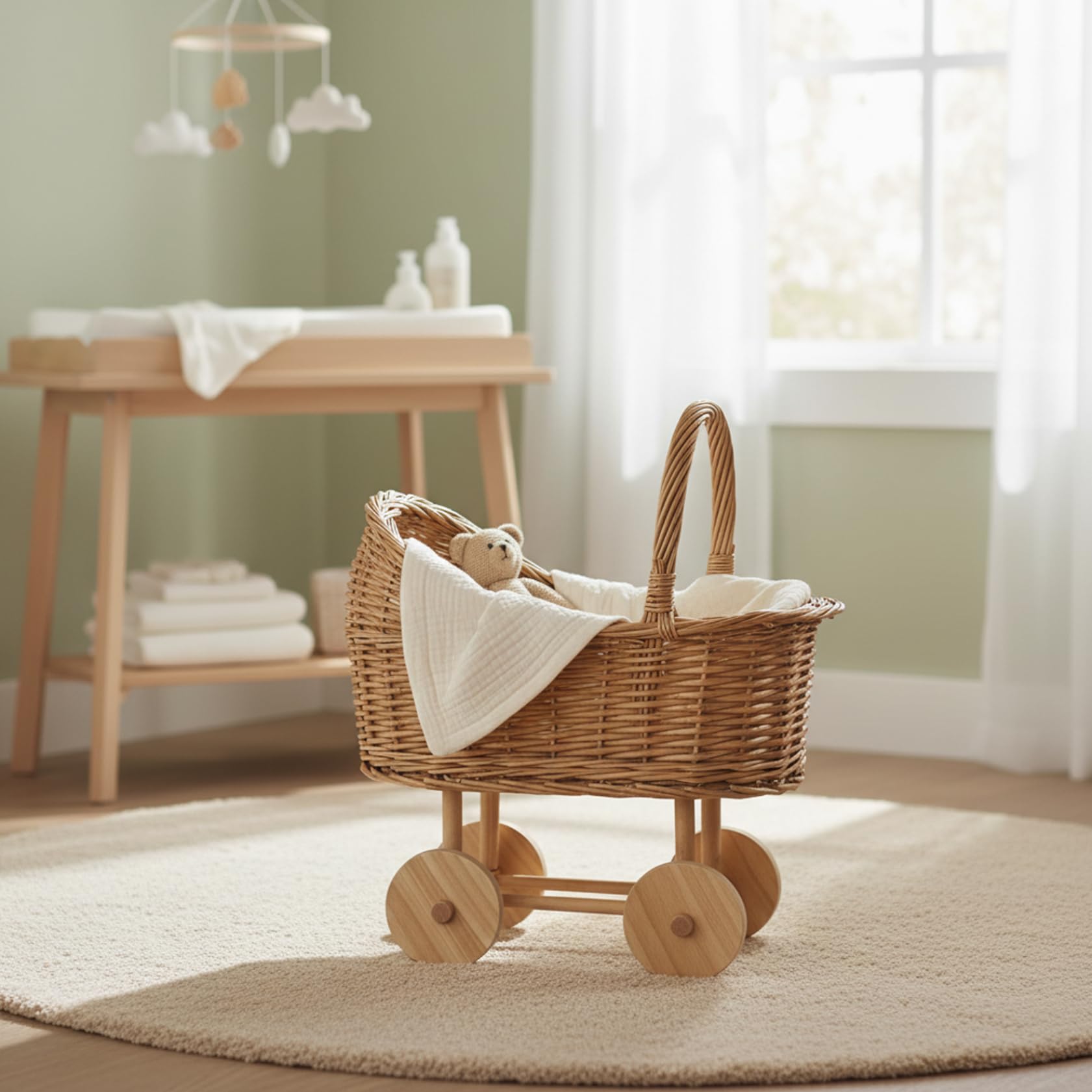 Puppenwagen aus Weide im Vintage-Stil – ideal für Babypartys Kinderzimmer Blumenarrangements und zur Aufbewahrung im Haushalt.