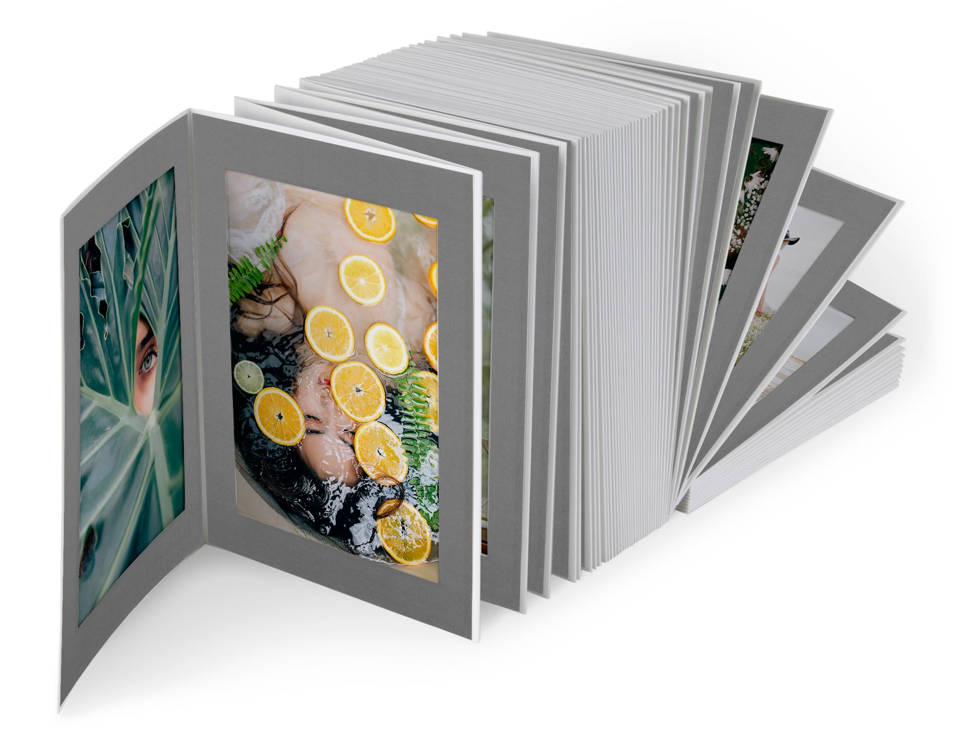 100er Leinen-Leporello 15x21 cm, Offset weiß/Leinen grau, Passepartout für Fotos im Format 13x18 cm, Ziehharmonika Bildercollage Hochzeit