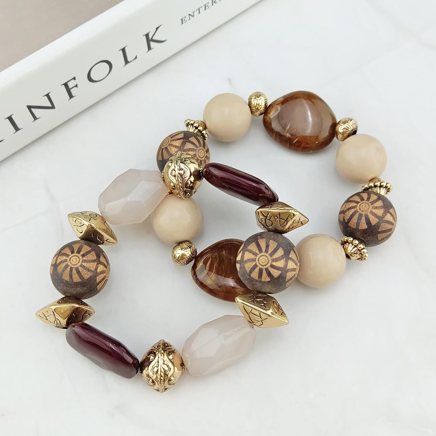 Bocar 3 Layer Chunky Statement Beaded Necklace Set with Earrings Bracelet Fashion Multi Layer Women Collar Necklace (NK-10625-Brown+er+br)