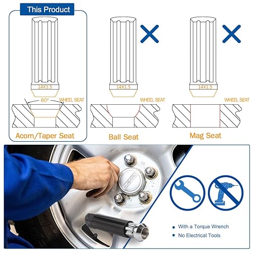 Vista 65 de GAsupply Tuercas de llanta de estilo de fábrica OEM de 14 x 2, 24 piezas de una sola pieza cromadas grandes tuercas de asiento de bellota de 2