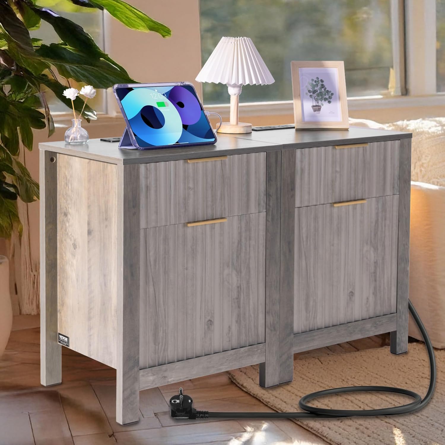VEVOR Farmhouse End Table Set of 2, Night Stand with Charging Station and USB-A/C Ports, Rustic Side Table with Drawer and Storage Cabinet, Bedside Table for Bedroom, Living Room, Office, Oak Gray