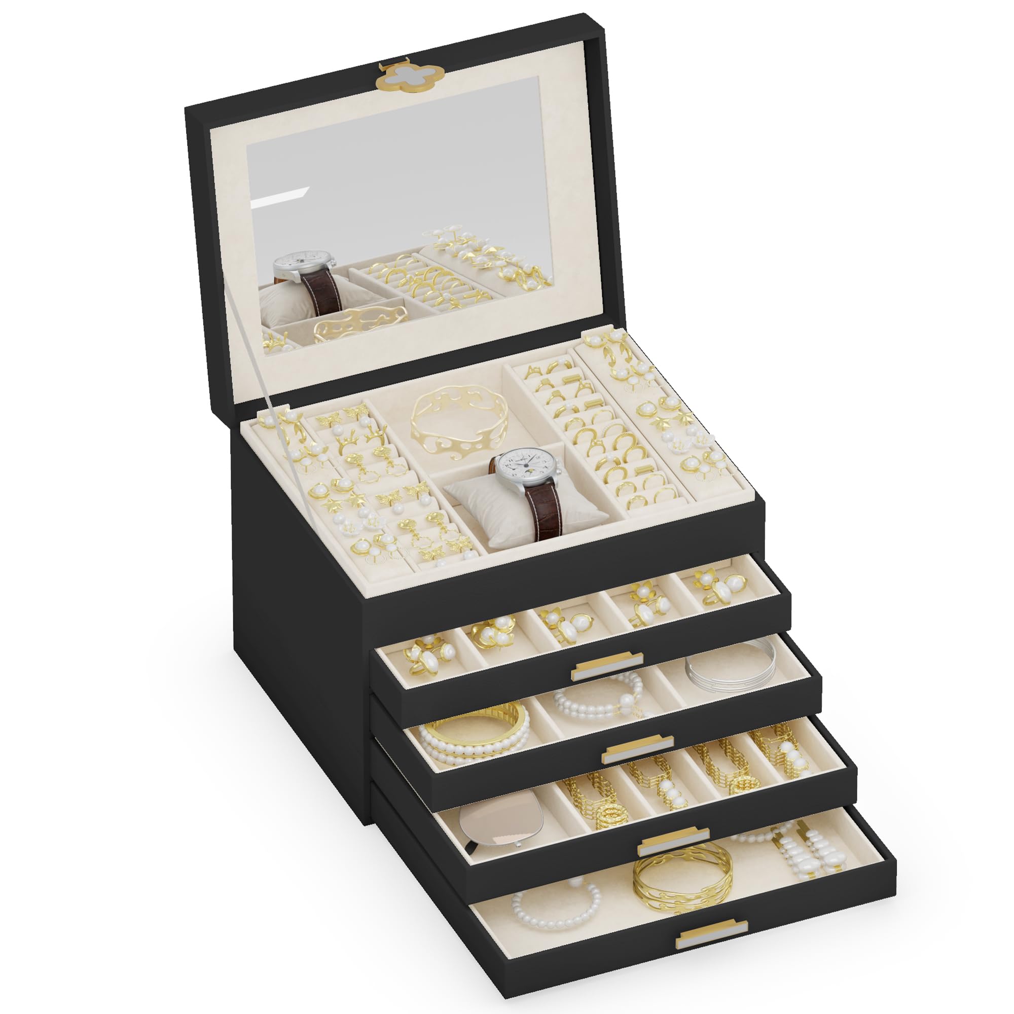 ADEL DREAM Portagioie a 5 ripiani con bottone a forma di quadrifoglio, con vassoio estraibile, con grande specchio, scomparti regolabili fai da te, per mamme e ragazze, colore nero