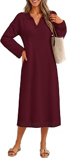 MEROKEETY Women's Fall Long Sleeve Midi Sweater Dress V Neck Knit Dresses | Loose Fit Maternity Dress, Stretchy Soft, Collared Teacher Outfit, Office Work, Daily Casual, Baby Shower, Winter Clothing