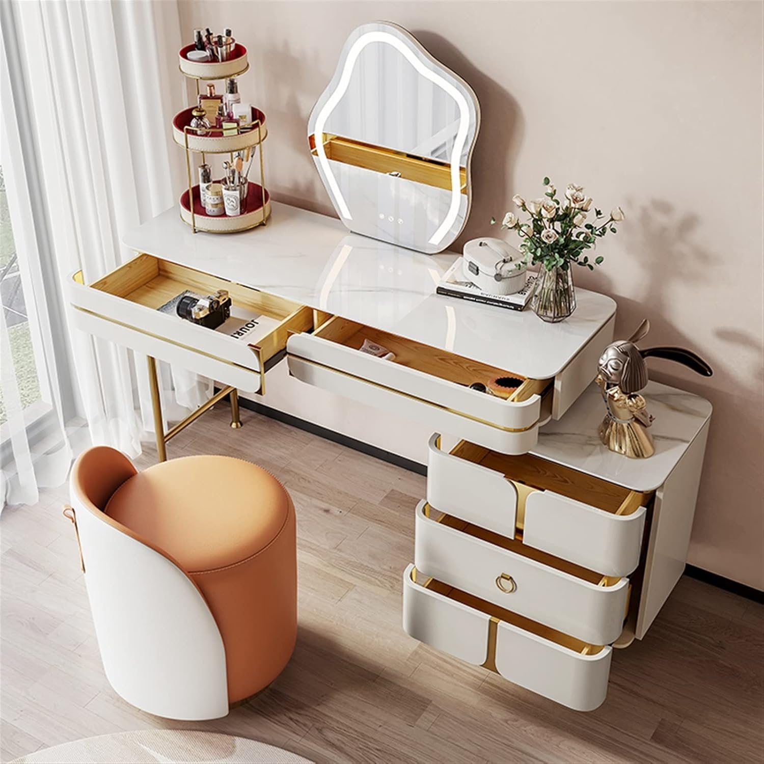 Vanity Dressing Table Set Luxury Makeup Bench with 3 Colors Led Hd Mirror,Comfortable Stool Drawers Cabinet,Modern Simple Style,for Girl's Gift (Size : 80cm) ()