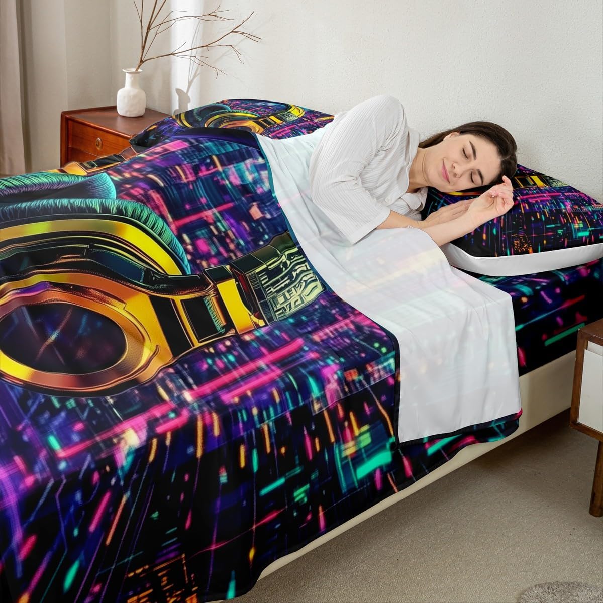 jejeloiu Yellow Headset Bed Sheets Set Twin Size Kids Game Gaming Fitted Sheet with Deep Pocket for Boys Girls Teens Headphone Bedding Set Breathable Microphoner Bedroom Decor Bedclothes