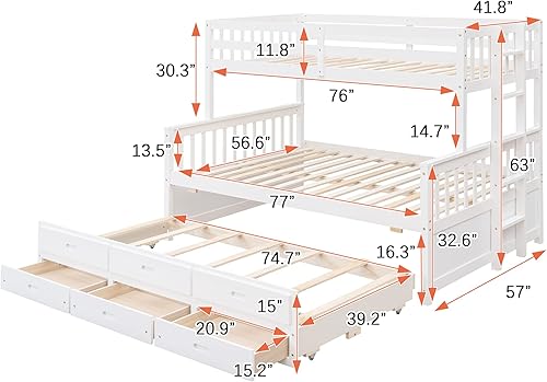 Miniatura 2 de OYN Litera individual sobre matrimonial con cama nido de tamaño individual y 3 cajones de almacenamiento literas de madera separables de tamaño