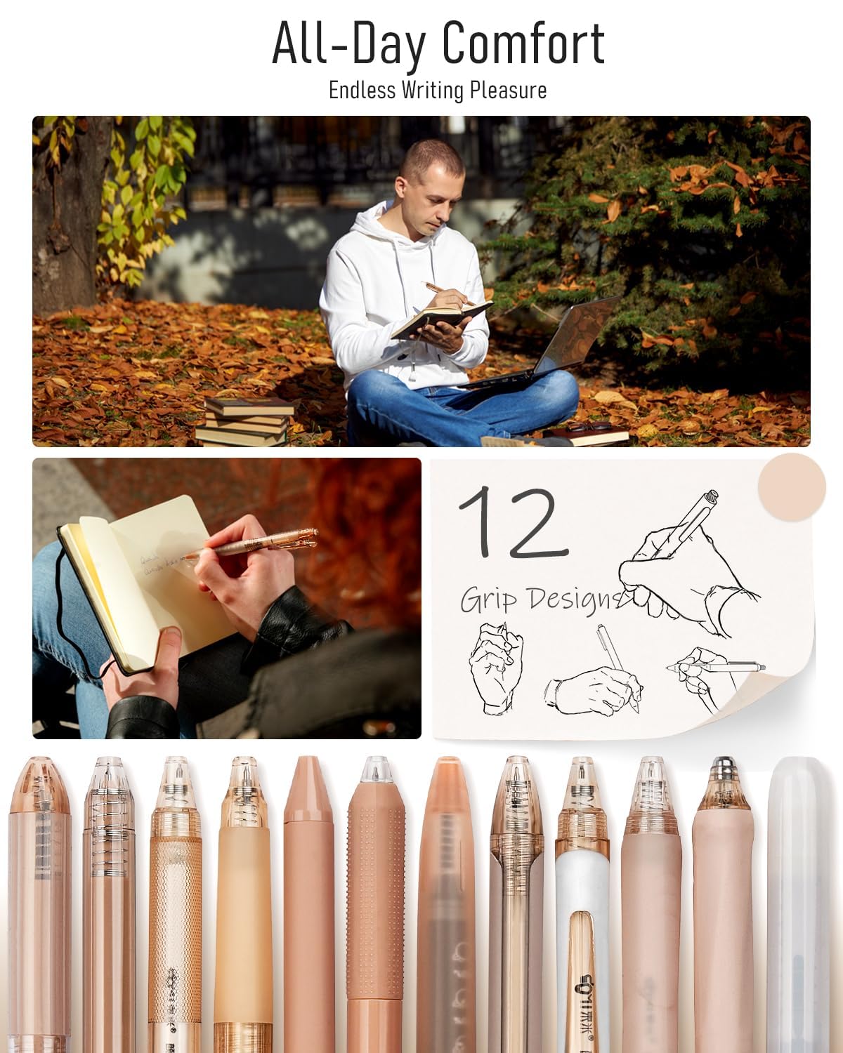 Four Candies 12Pack Pastel Gel Ink Pen Set, 11 Pack Black Ink Pens with 1Pack Highlighter for Writing, Retractable 0.5mm Fine Point Gel Pens, Cute Note Taking Pens for School Office (Brown)