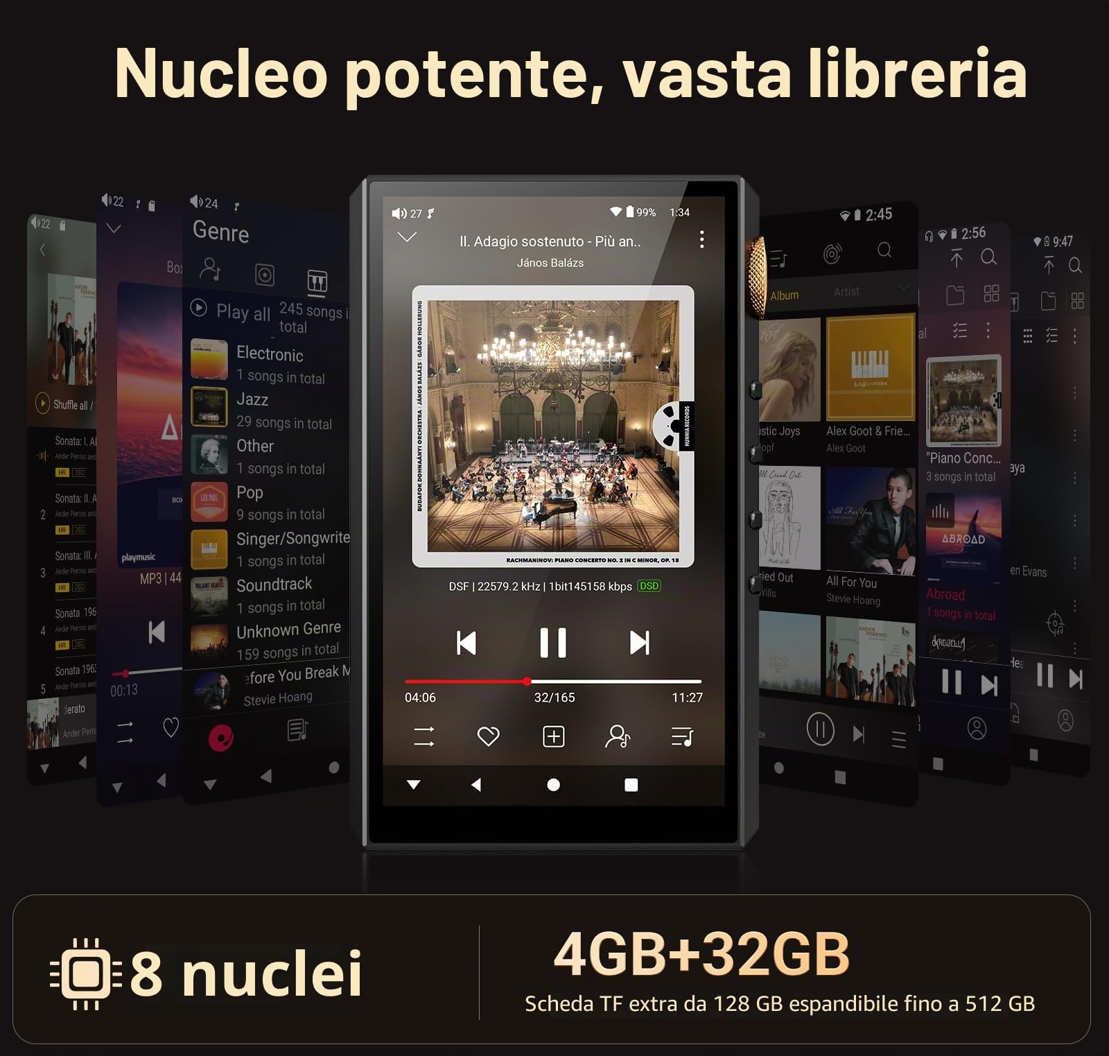 160GB Lettore Audio Hi-Res, Oilsky Lettore MP3 HiFi Bluetooth e WiFi, 4,4 mm Bilanciato, Doppio DAC ESS, 4GB RAM, 4,02" Lettore Spotify Digitale DSD512 Senza Perdita (Nero)