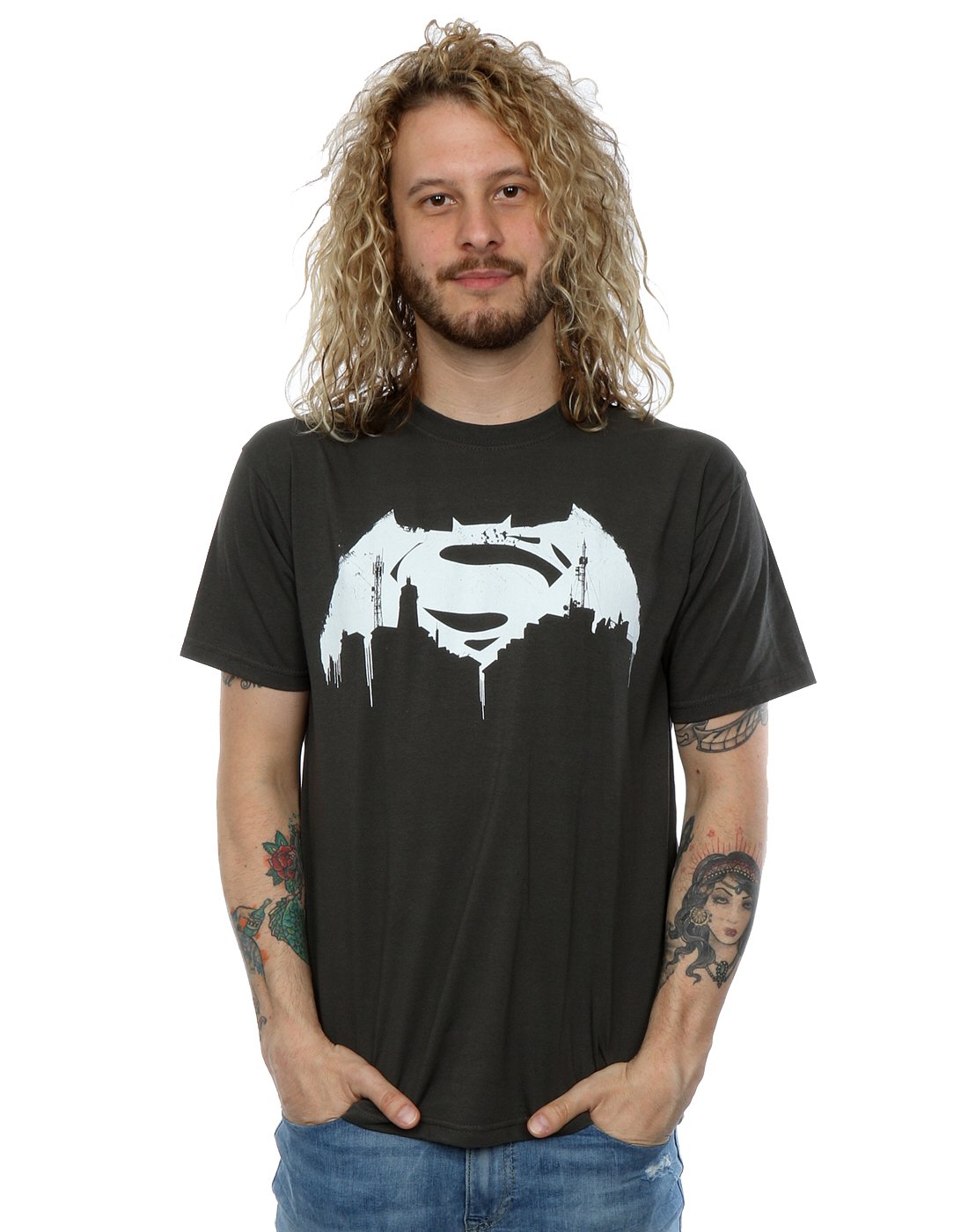 Dc Comics Men's Light Graphite Batman V Superman Beaten Logo T-Shirt XXX-Large