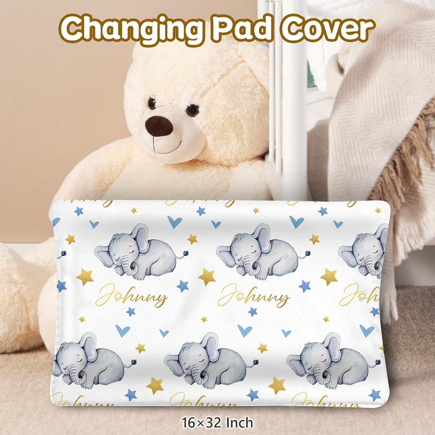 Terwex Personalized Baby Crib Set, 5 Pcs Custom Name Bedding for Girls Boys - Nursery Crib Sets, Soft Toddler Sets for Infant Customized Gifts, Blue Elephant