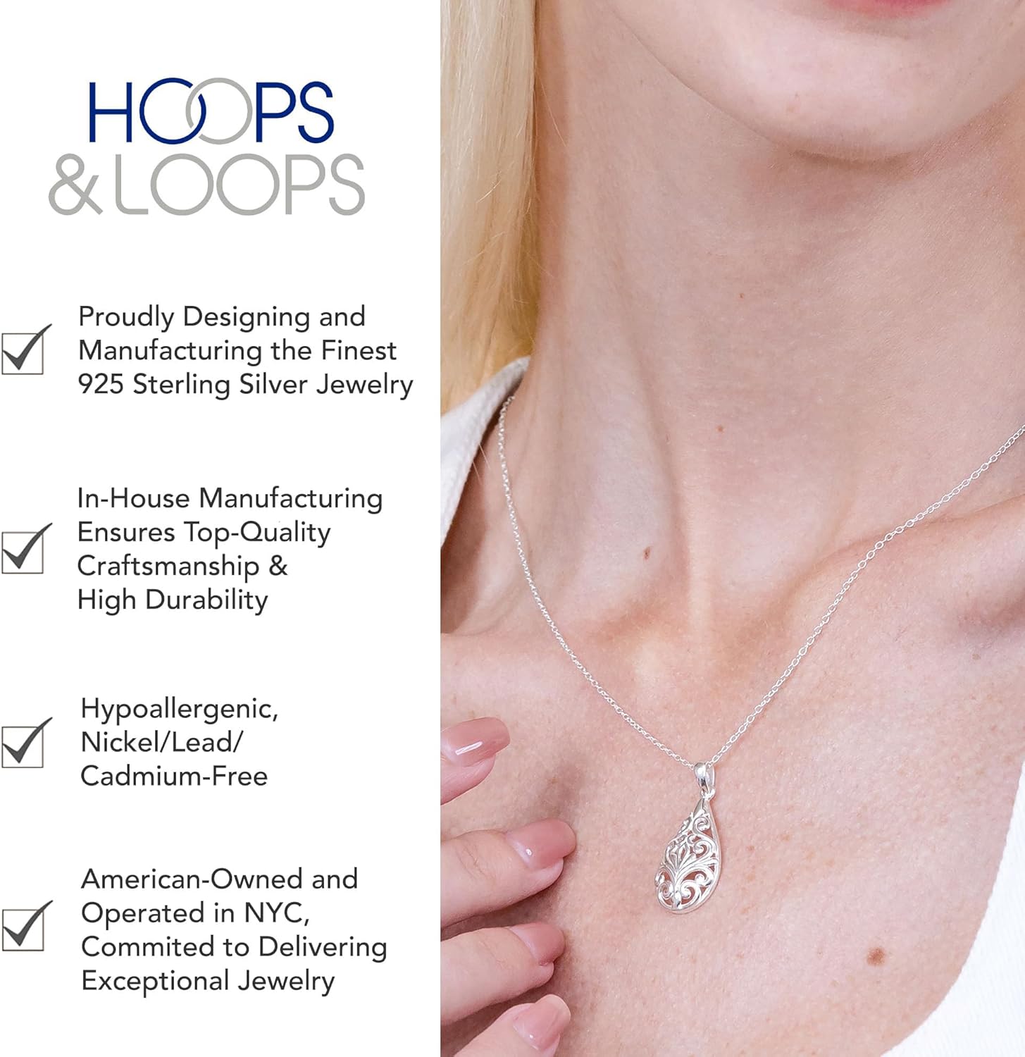 Hoops & Loops Sterling Silver Pear Shape Filigree Swirl Polished Necklace - Image 4