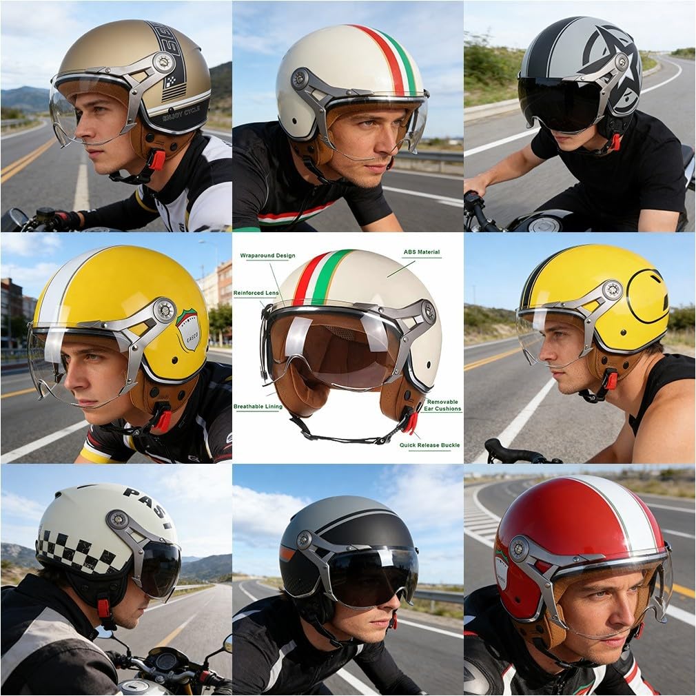Casque Jet Moto 3/4 Ouvert Vintage Homologué ECE 22.06