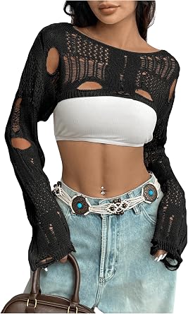GORGLITTER Women's Hollow Out Sheer Bolero Shrug Long Sleeve Cropped Jumper