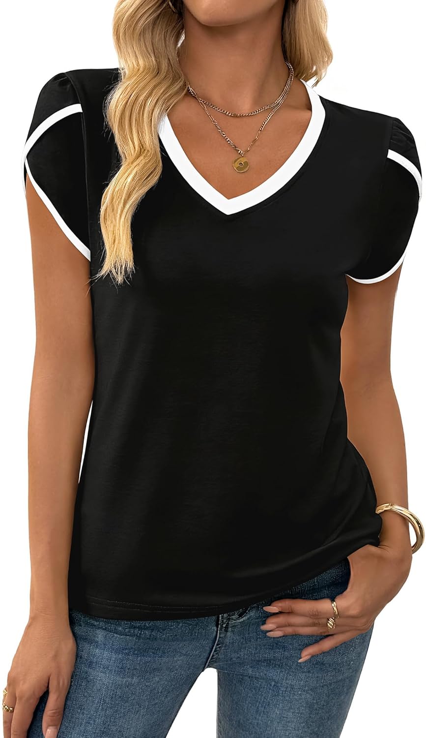 Hilinker Womens V Neck Petal Short Sleeve T Shirts Summer Casual Color Block Tops - Image 4