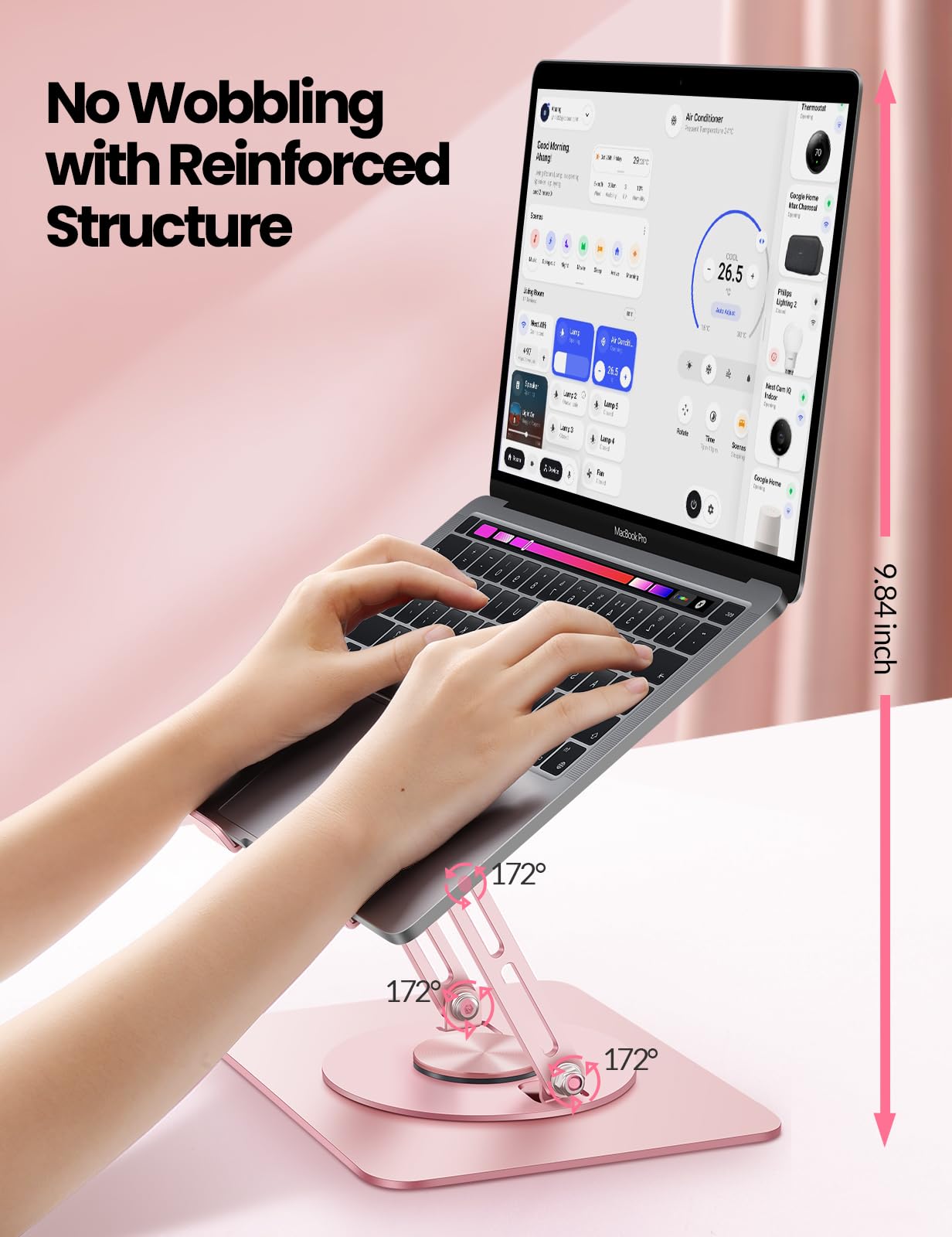 VAYDEER Support Ordinateur Portable Ajustable avec Base Rotative 360° et Design Pliable – Rehausseur Ergonomique Compatible avec MacBook, Dell, HP et PC Portables 10–17,3" (Rose)