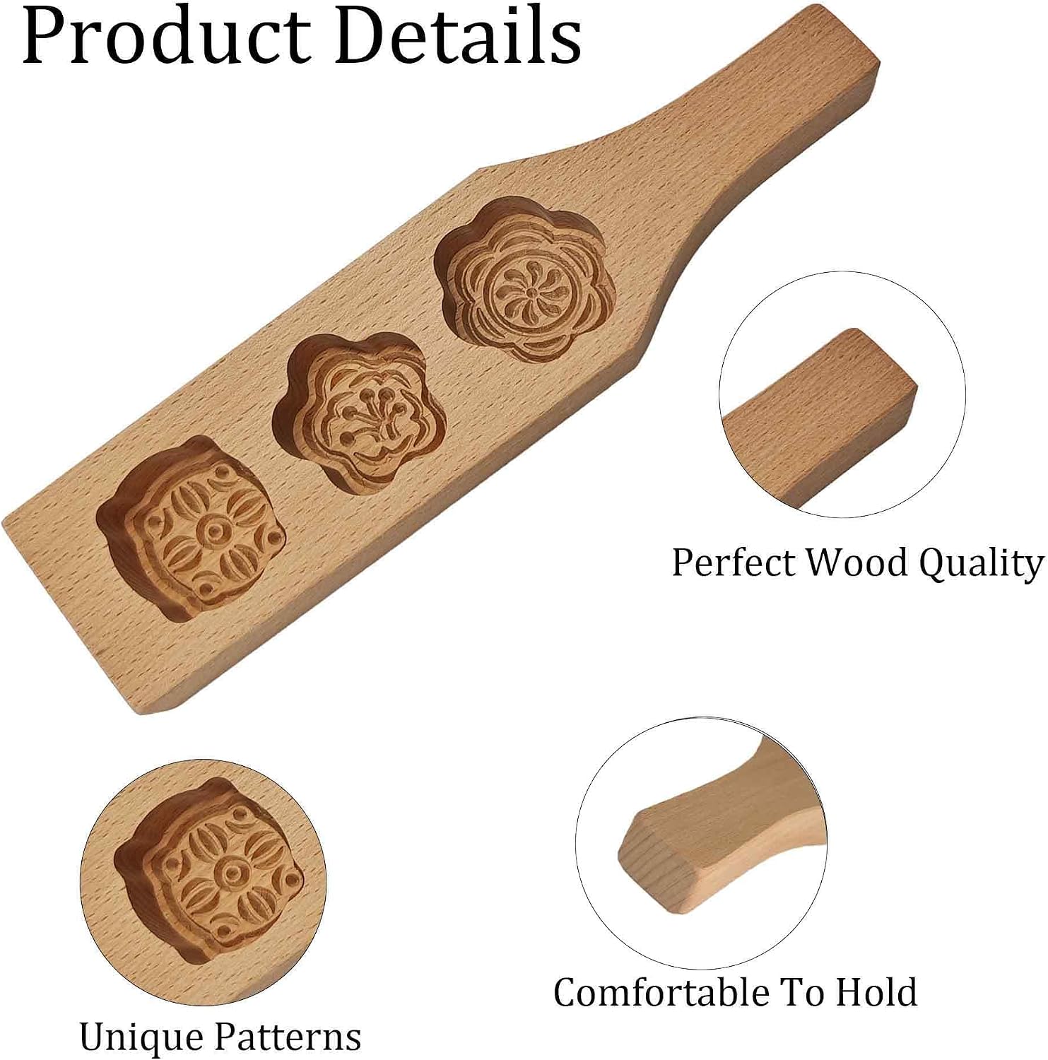 Wooden Mooncake Mold for Baking, Hand Carved Cookie Press with Floral Pattern for Mooncakes, Maamoul, Shortbread and Filled Pastries(3 Hole)