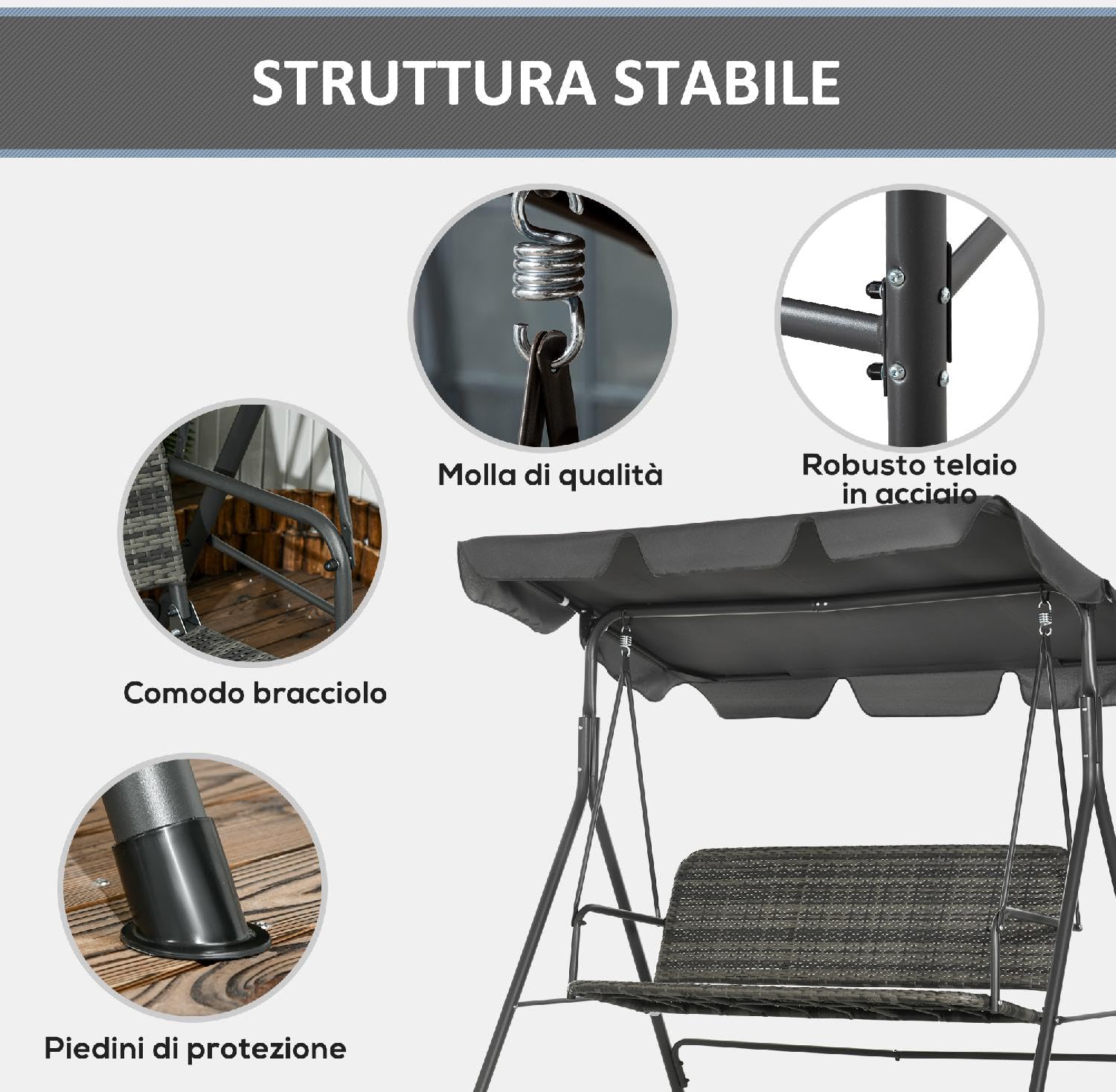Dondolo da Giardino 3 Posti con Tettuccio Parasole in Acciaio/Rattan PE Dimensioni 167x112x153 cm Colore Grigio Scuro
