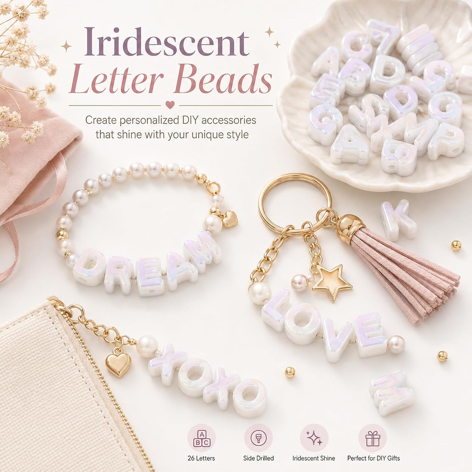 FASHEWELRY 90Pcs Rainbow Iridescent Chunky Letter Beads 20mm Big Alphabet Beads for Bracelets, Bubble Initials Bead for Paracord Keychains Making Bag Charm Shoelaces (White)