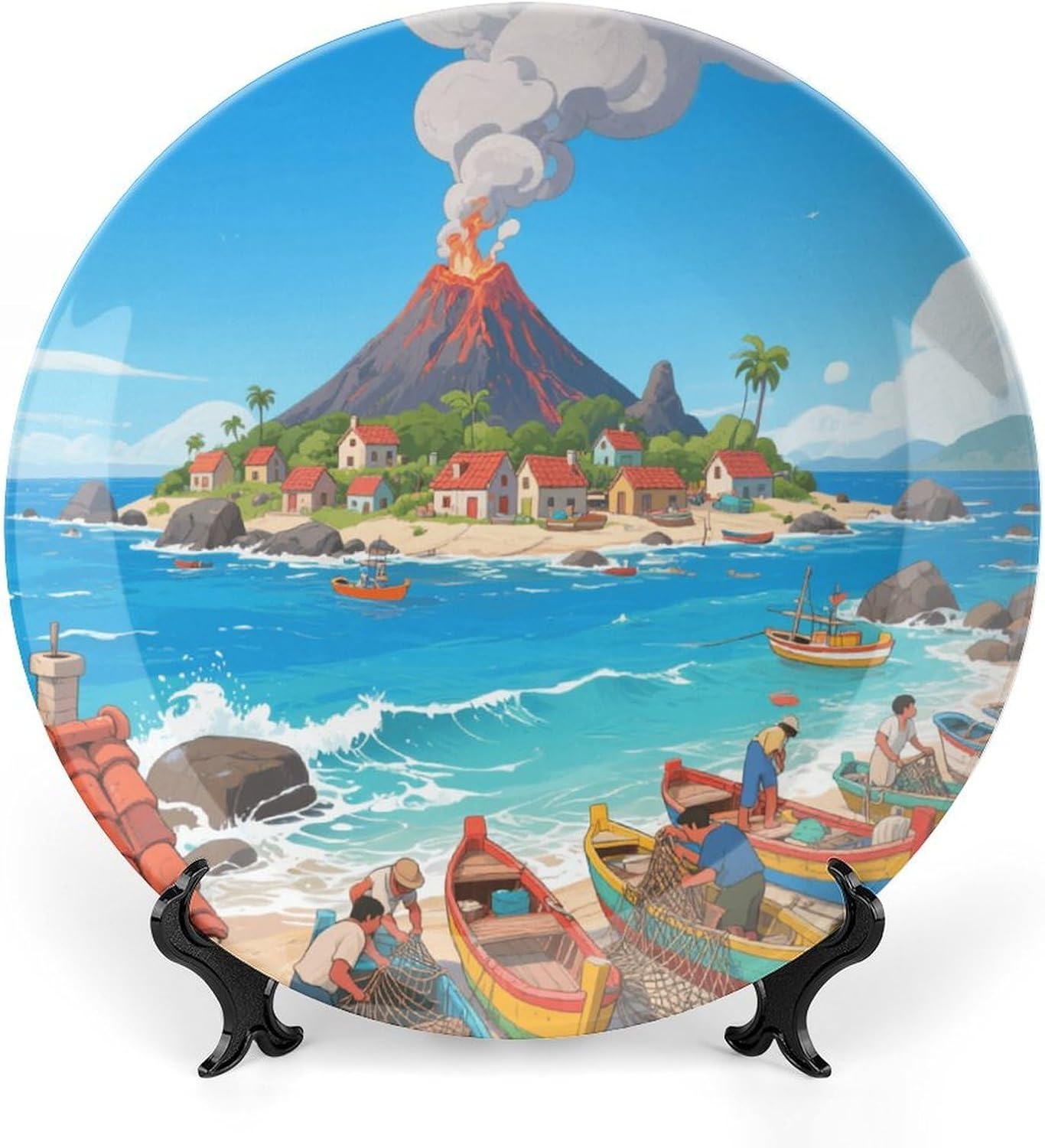 Bone China Decorative Plates Volcanic Island Fishing Village Ceramic Decorative Plate Wall Decor with Display Stand Ceramic Ornaments for Wall Hanging Decoration