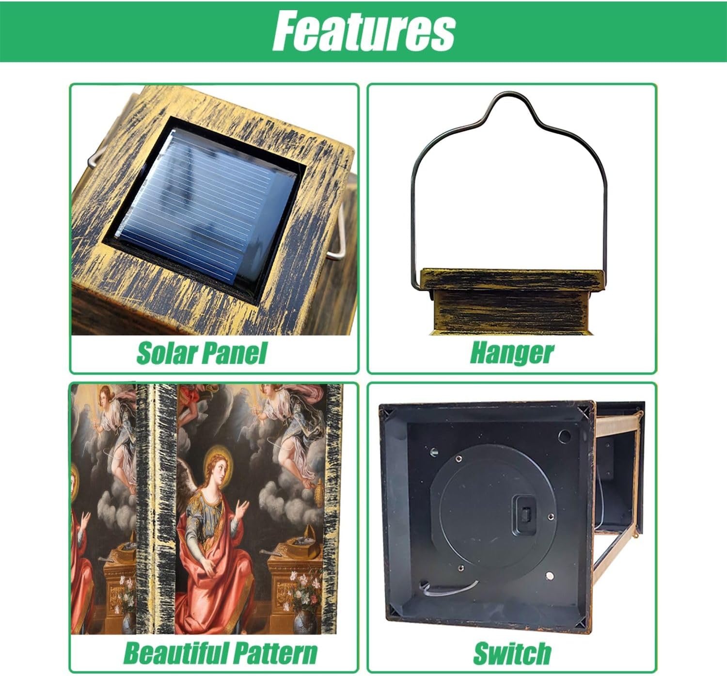 Solar Lantern Parma Painting Annunciation Outdoor Garden Hanging Lantern Waterproof Solar Powered Lighting Outside Table Lamp for Deck Yard Camping Patio Decor
