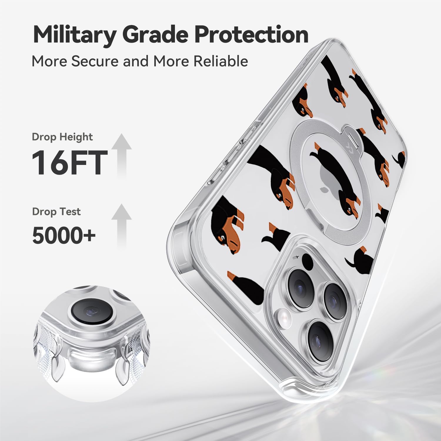 CASEKOO New Aesthetic Design 360° Spin Magnetic Stand for iPhone 16 Pro Case with Ring [16FT Military Drop Protection] [Non-Slip Edge] [Compatible with MagSafe] Slim 16 Pro Case, Dachshund