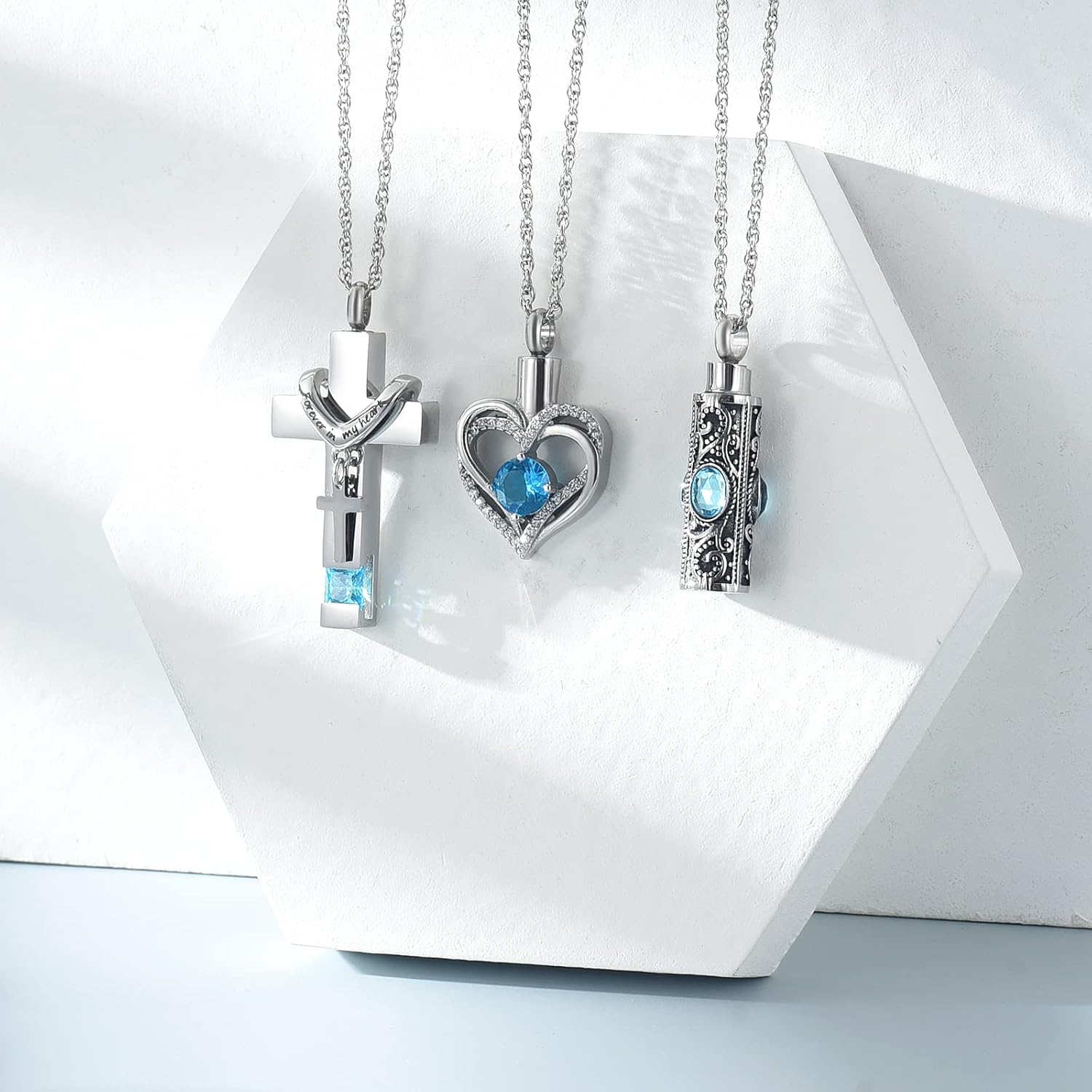 shajwo 3 Pack Urn Necklace for Ashes for Women Gilrs Heart Cross Cylinder Cremation Jewelry for Ashes Memorial Keepsake Birthstone Pendant - Image 5